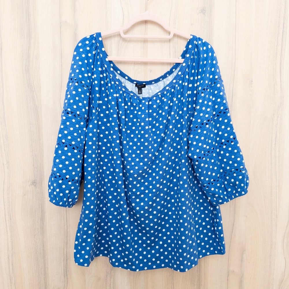 Talbots Womens Blouse Size  2X Blue Polka‎ Dot 3/4 Sleeve Retro Cottage Casual